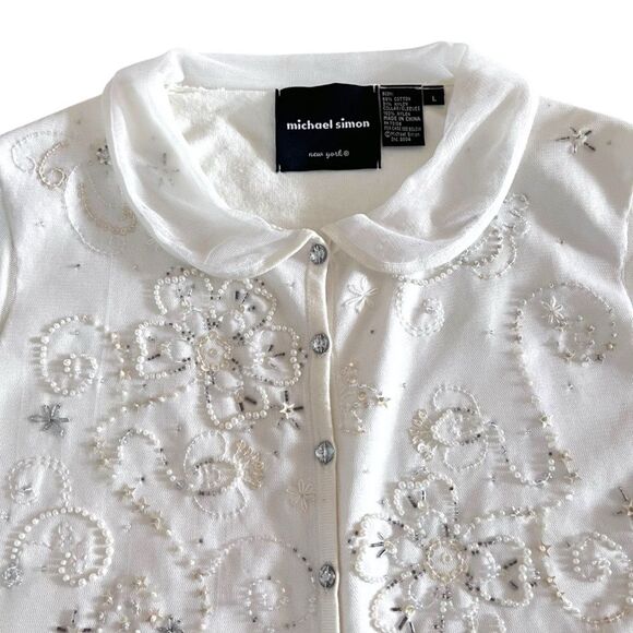 Vintage Michael Simon Pearl Beaded Knit Cardigan Top - Picture 3 of 9